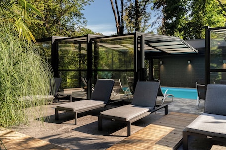 Indoor pool, open 9:30 AM to 8:30 PM, pool umbrellas, sun loungers