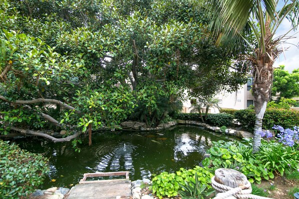 Un jardín tranquilo con un estanque, abundante vegetación y un muelle de madera.