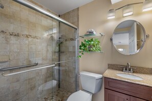 Shower, hair dryer, towels