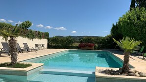 A rectangular swimming pool with tiled steps leading into it, surrounded by lounge chairs and small palm trees. - Typical Provencal farmhouse (Villelaure)