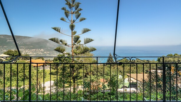 Un balcon donnant sur un paysage côtier, avec un arbre et une clôture.
