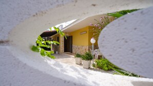 Un patio con muro de piedra, plantas en macetas y un sendero que lleva a la entrada de un edificio.
