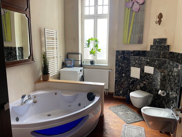 Combined shower/tub, jetted tub, hair dryer, bidet
