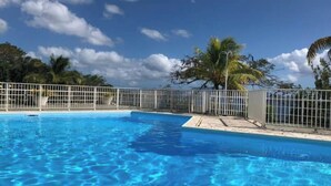 A clear blue swimming pool with a white metal fence and palm trees in the background. - Elegance - Sea view, private beach access, swimming pool (Schoelcher)