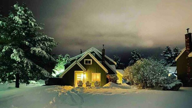 Un paysage enneigé avec une maison dotée d’un toit à pignon et d’une cheminée, entourée d’arbres chargés de neige.