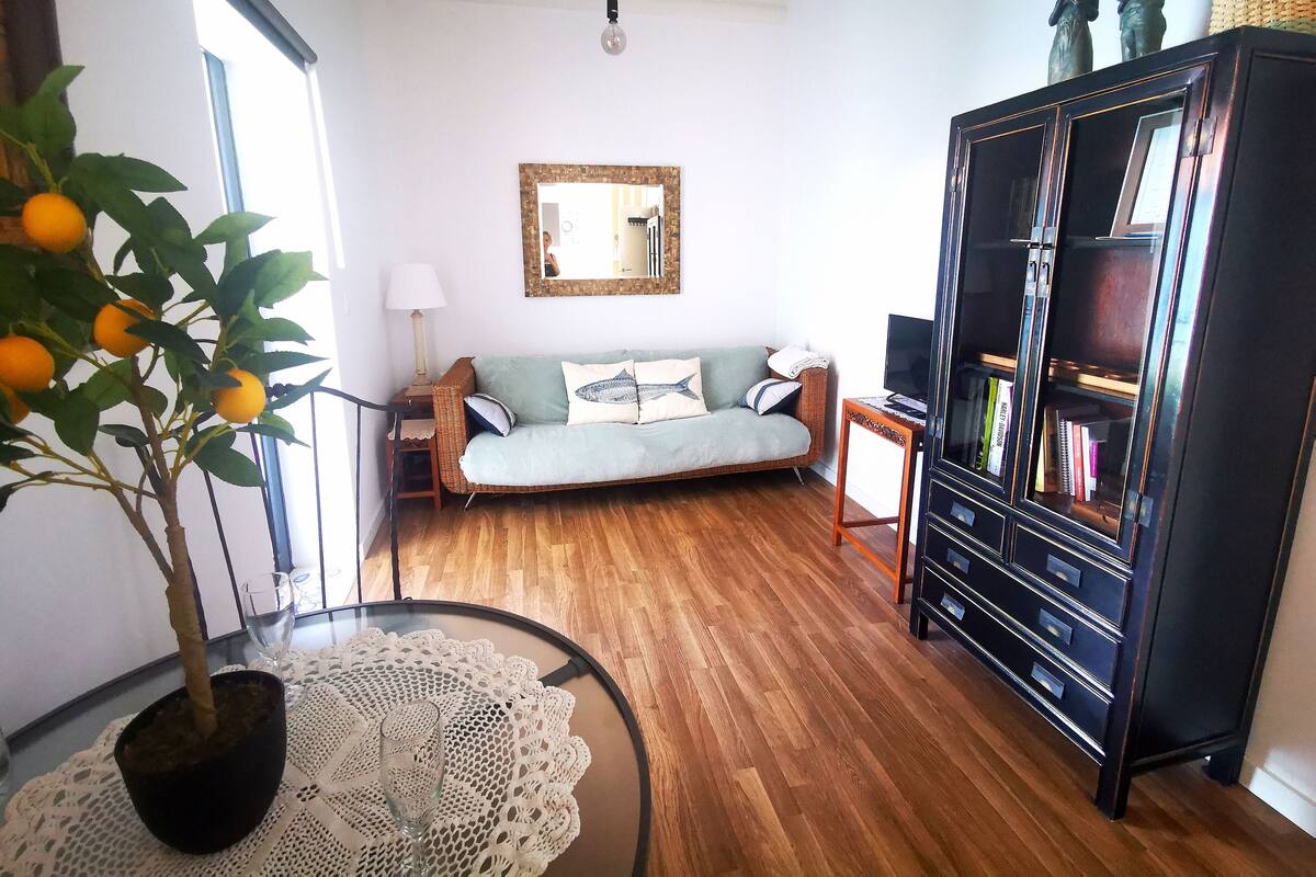 A living room with a sofa, a bookshelf, a potted plant, and a wooden floor.