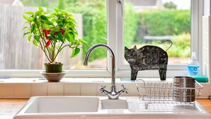 Ein Küchenspüle mit einem Blumentopf und einer Katzenfigur auf der Fensterbank.
