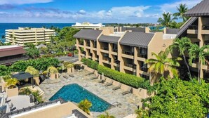 Un resort con piscina, palmeras y vista al océano.