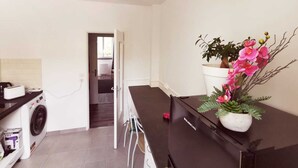 A clean, modern kitchen with a washing machine, a dining area with a table and chairs, and a potted plant on the counter.