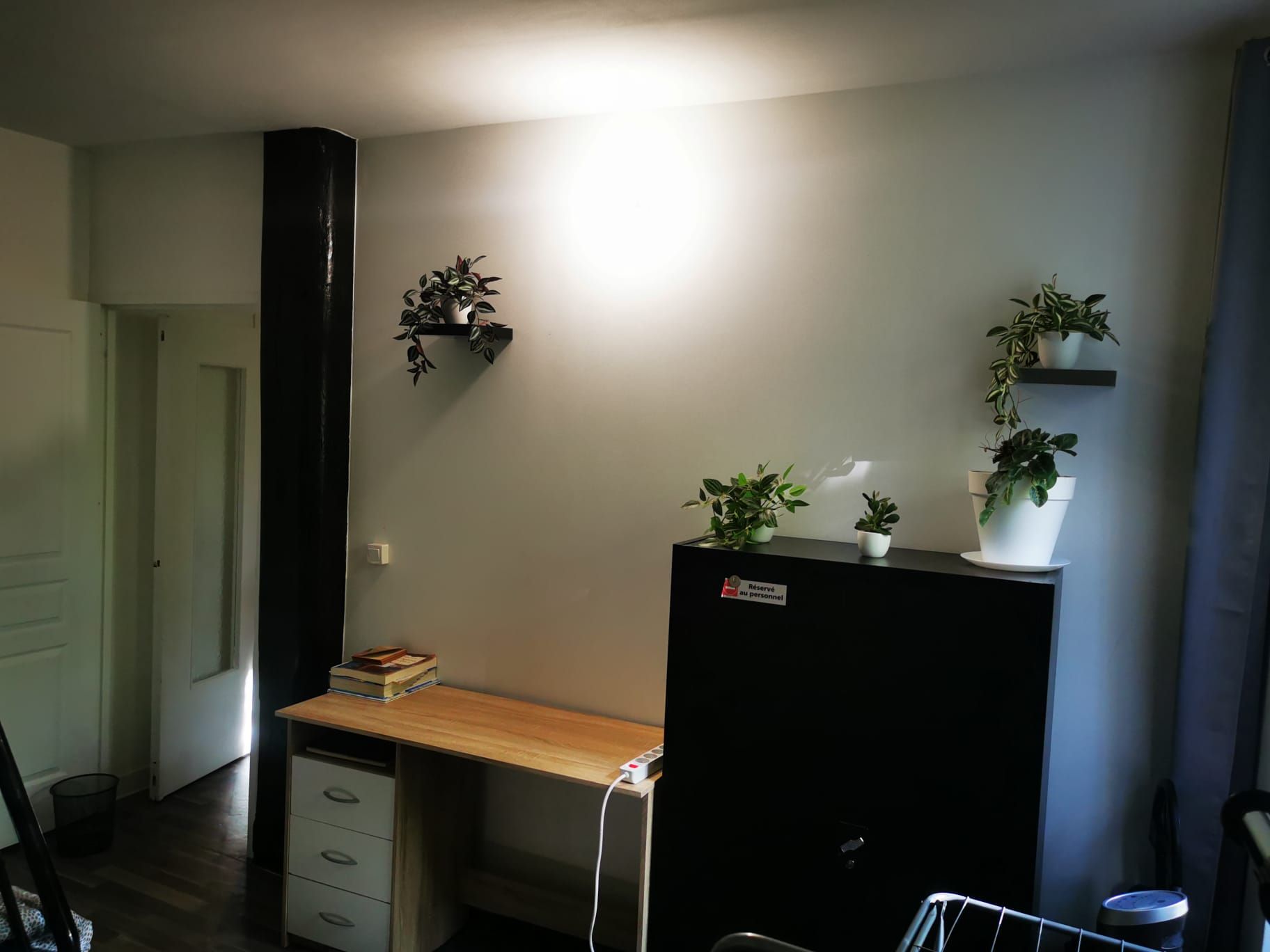 A room with a desk, a black cabinet, and two wall-mounted shelves with plants.