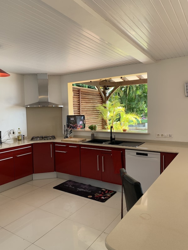 A modern kitchen with red cabinets, a stainless steel range hood, a window with a view of greenery, and a dishwasher.