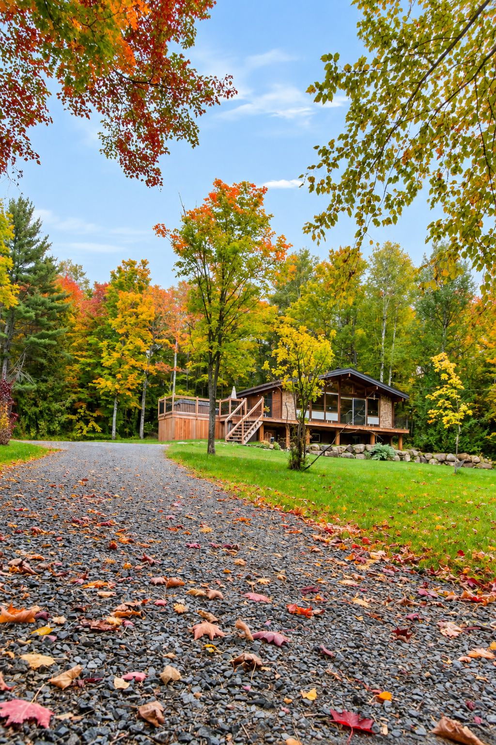 A lodge with a gravel driveway, surrounded by autumn foliage.