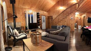Televisión, chimenea, reproductor de DVD y tenis de mesa