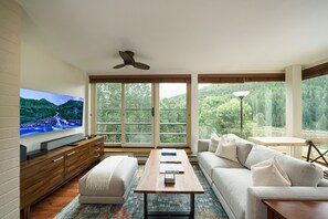 Smart TV, caminetto, libri