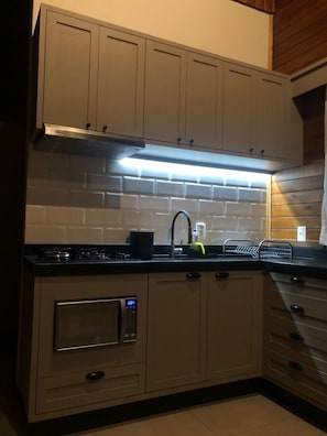 Fridge, microwave, stovetop, blender