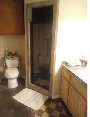 Combined shower/tub, hair dryer, towels, soap