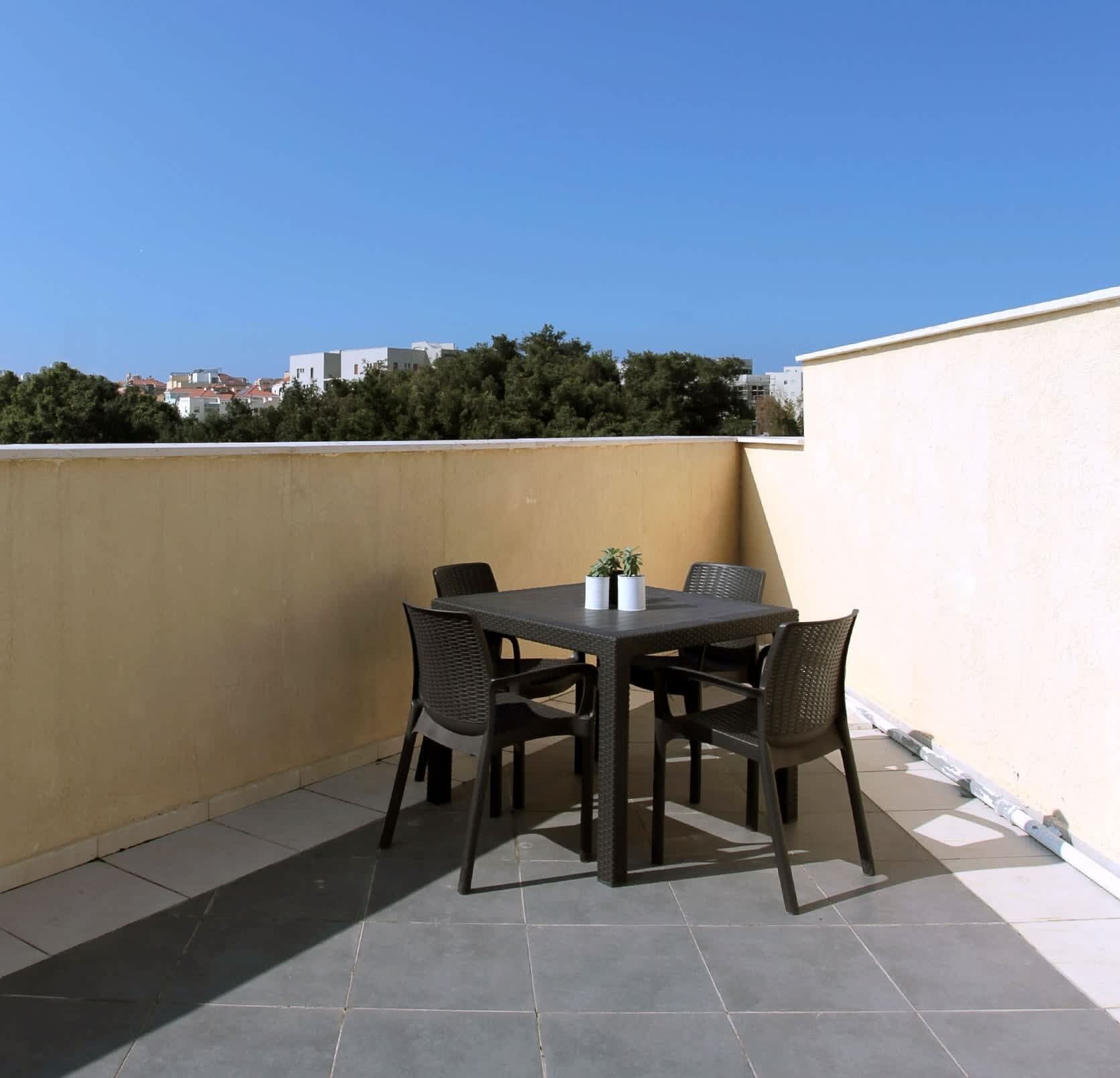 A rooftop terrace with a table and chairs, a potted plant, and a view of buildings in the background.