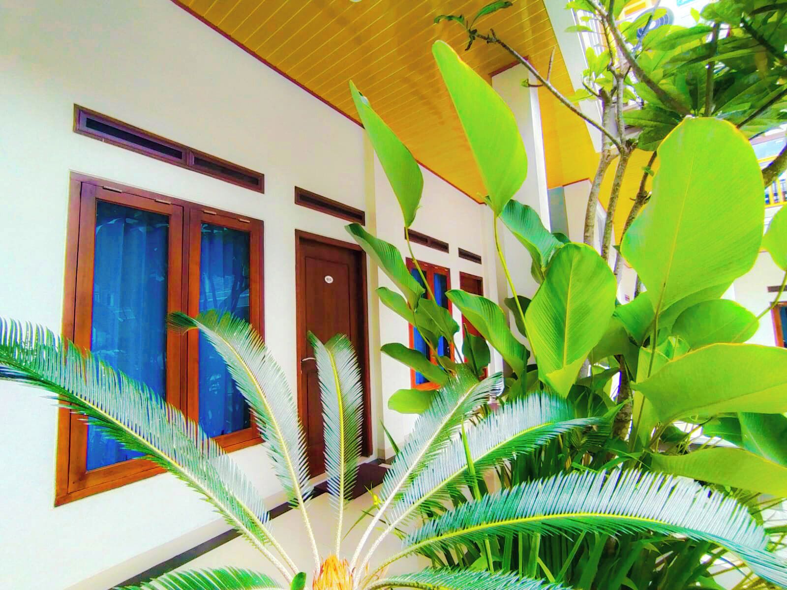 A building with large windows and a door, surrounded by lush green plants.
