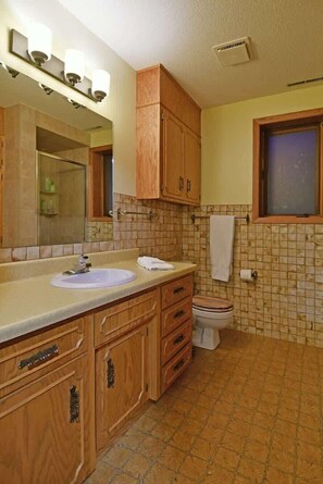 Shower, hair dryer, towels