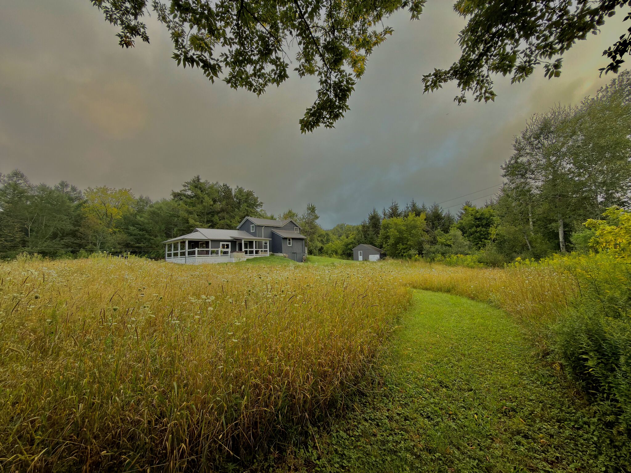 A house with a covered porch and a smaller building in a field with tall grass.