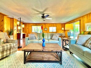 Smart TV, fireplace, books