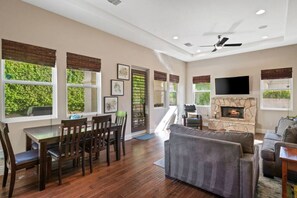 Smart TV, fireplace, books