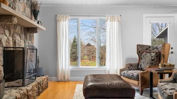 Smart TV, fireplace, books, stereo