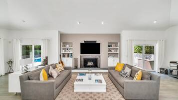 House, Multiple Beds (East Hampton Contemporary) | Living area | Flat-screen TV, fireplace, stereo