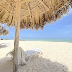 Accommodatie ligt op het strand, wit zand, ligstoelen, parasols