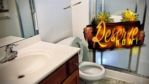 Combined shower/tub, soap, toilet paper