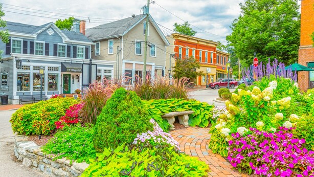 A street with colorful flower beds, a bench, and a variety of buildings including a store with a sign that says "Village Gifts".