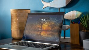 Um laptop sobre uma mesa com uma decoração de peixe de madeira, uma planta em vaso e uma cesta de palha.
