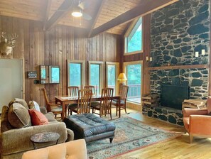 Smart-tv, eldstad, dvd-spelare och böcker