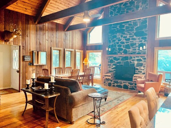 Smart TV, fireplace, DVD player, books