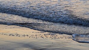 A beach with waves and a sunset.