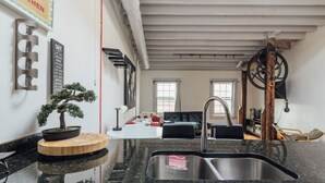 A modern kitchen with a granite countertop, a sink, and a potted bonsai tree. - ☆ LUXURIOUS OLD CITY PENTHOUSE ☆ (Philadelphia)