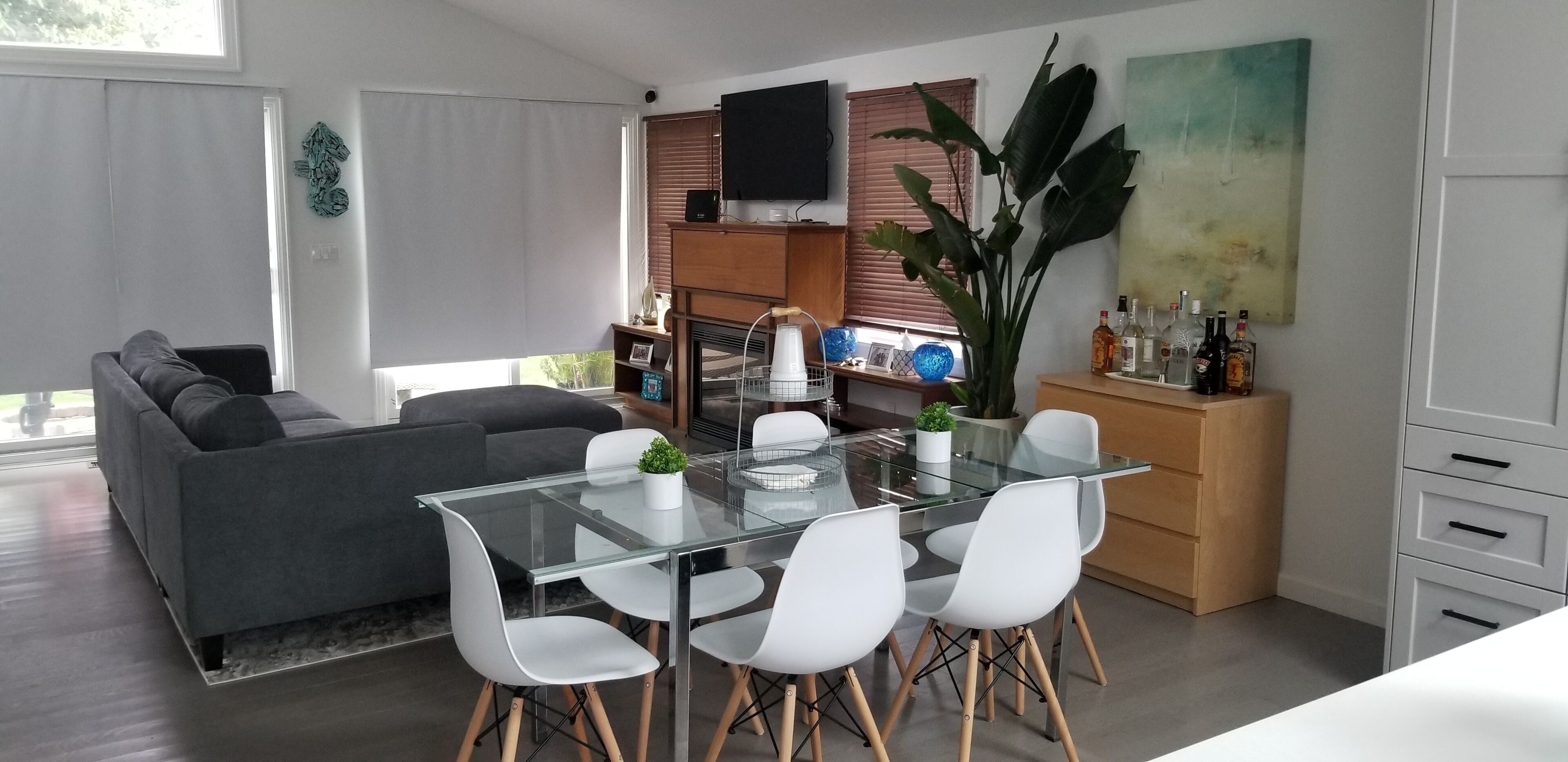 Ein modernes Wohnzimmer mit einem Glastisch, weißen Stühlen, einem grauen Sofa und einer großen Pflanze.