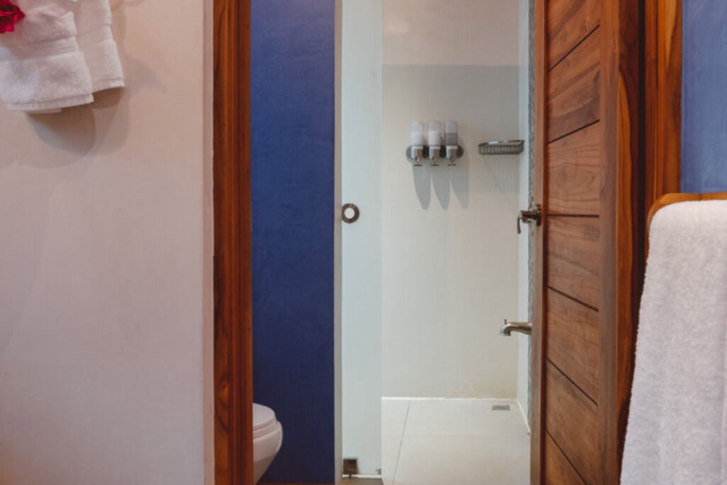 A bathroom with a wooden door, a white toilet, and a towel rack with a white towel.