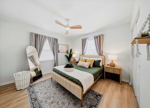 2 bedrooms, memory-foam beds, desk, iron/ironing board