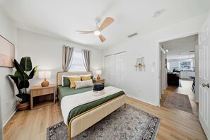 2 bedrooms, memory-foam beds, desk, iron/ironing board