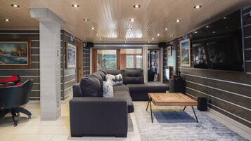 Smart TV, fireplace, video games, foosball