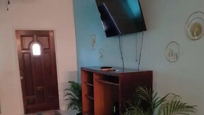 Una sala de estar con un televisor de pantalla plana montado en la pared, un mueble de madera para entretenimiento y dos plantas en macetas.