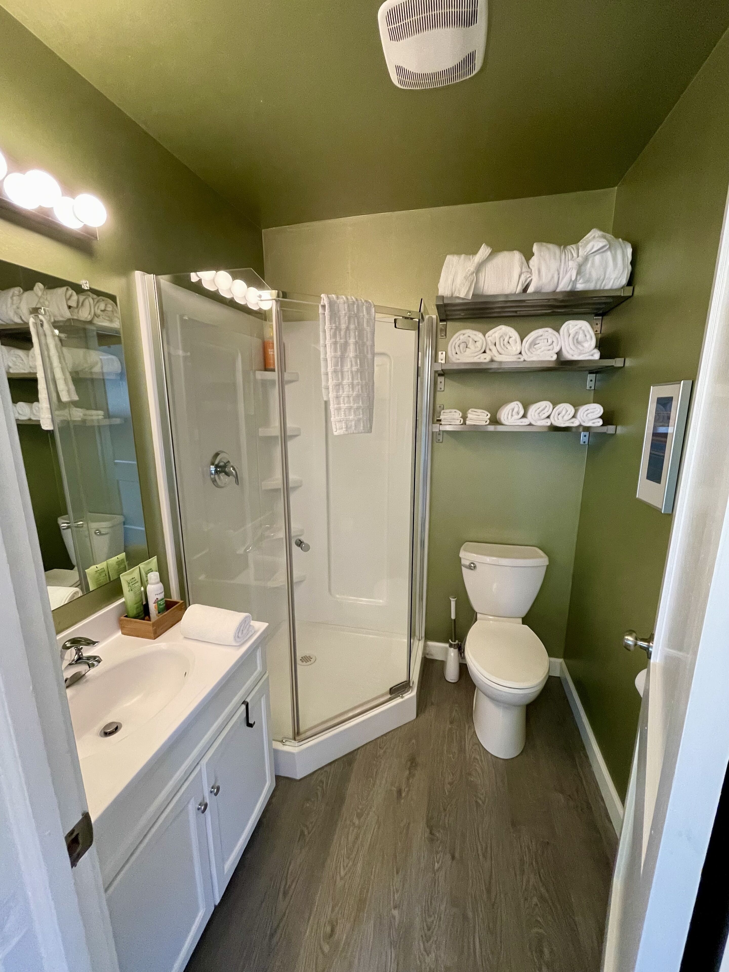 Shower, eco-friendly toiletries, hair dryer, towels