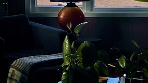 A room with a view of the sea through a window, a lamp, and a plant. - Avalon Guesthouse : Eastside Suite (Grand Marais)