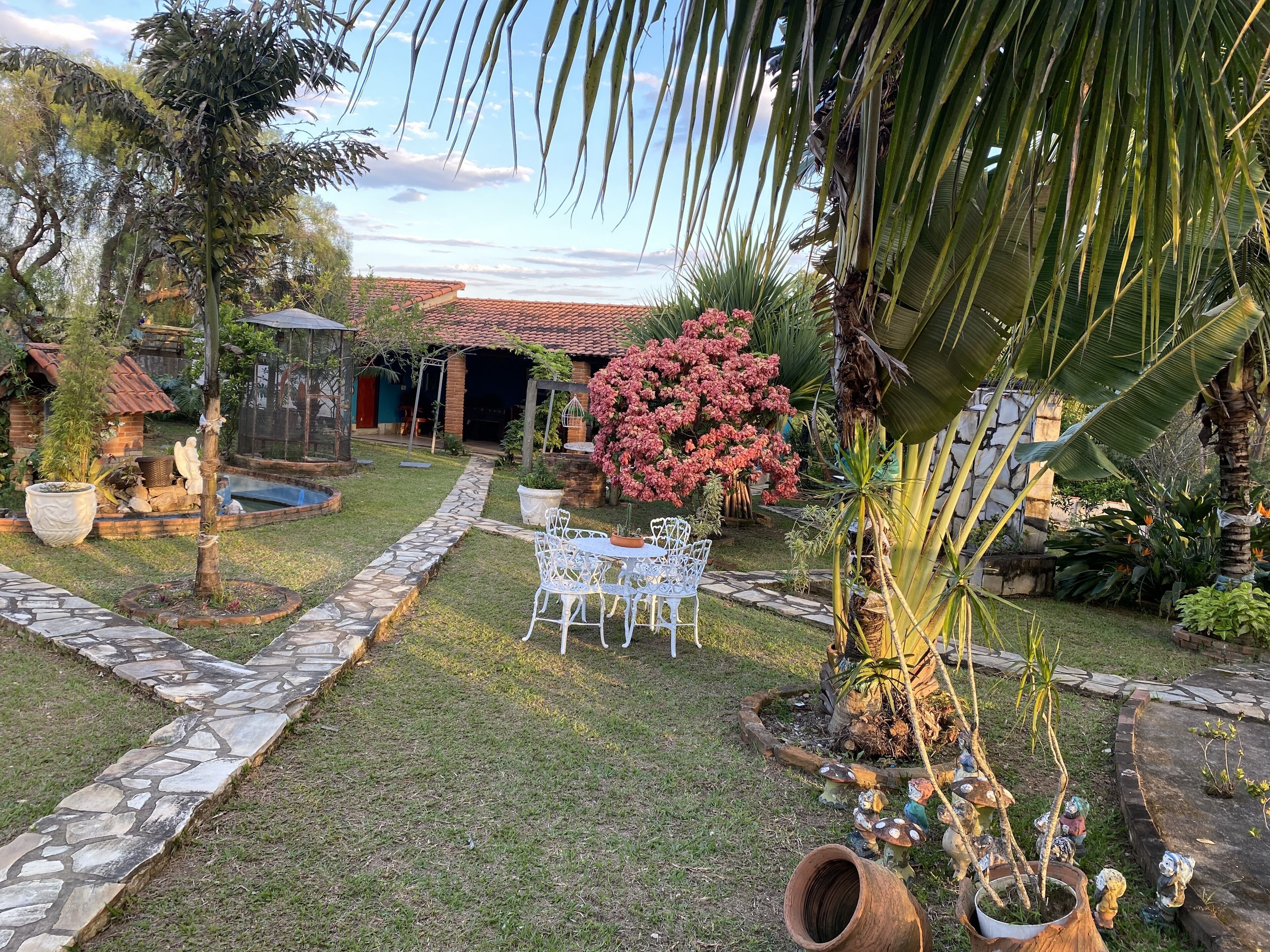 Un jardín con un sendero de piedra, una mesa blanca con sillas y una variedad de plantas y árboles.