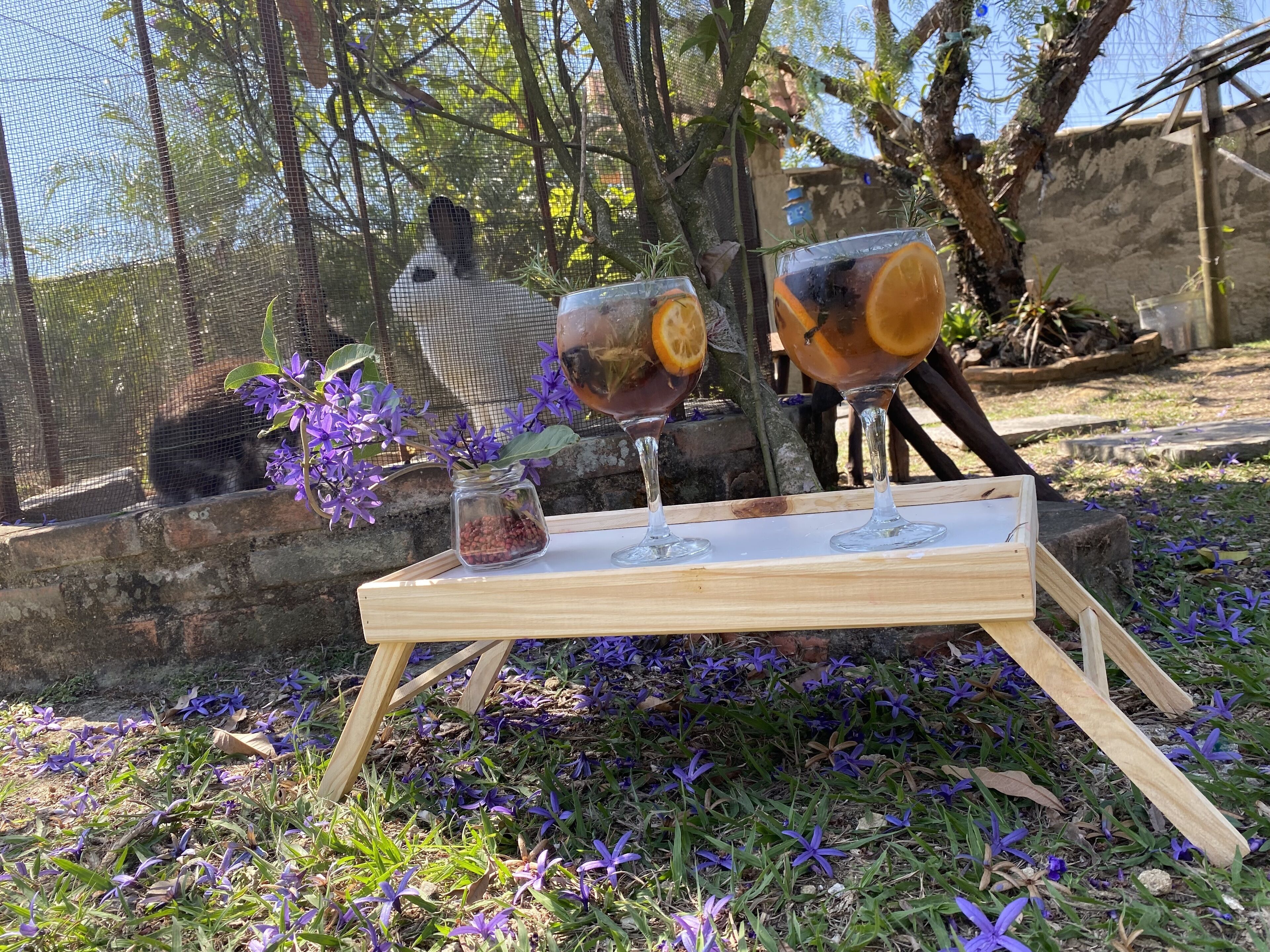 Ein Holztisch mit zwei Gläsern Getränken, einer kleinen Nusstüte und lila Blumen auf einer Wiese.