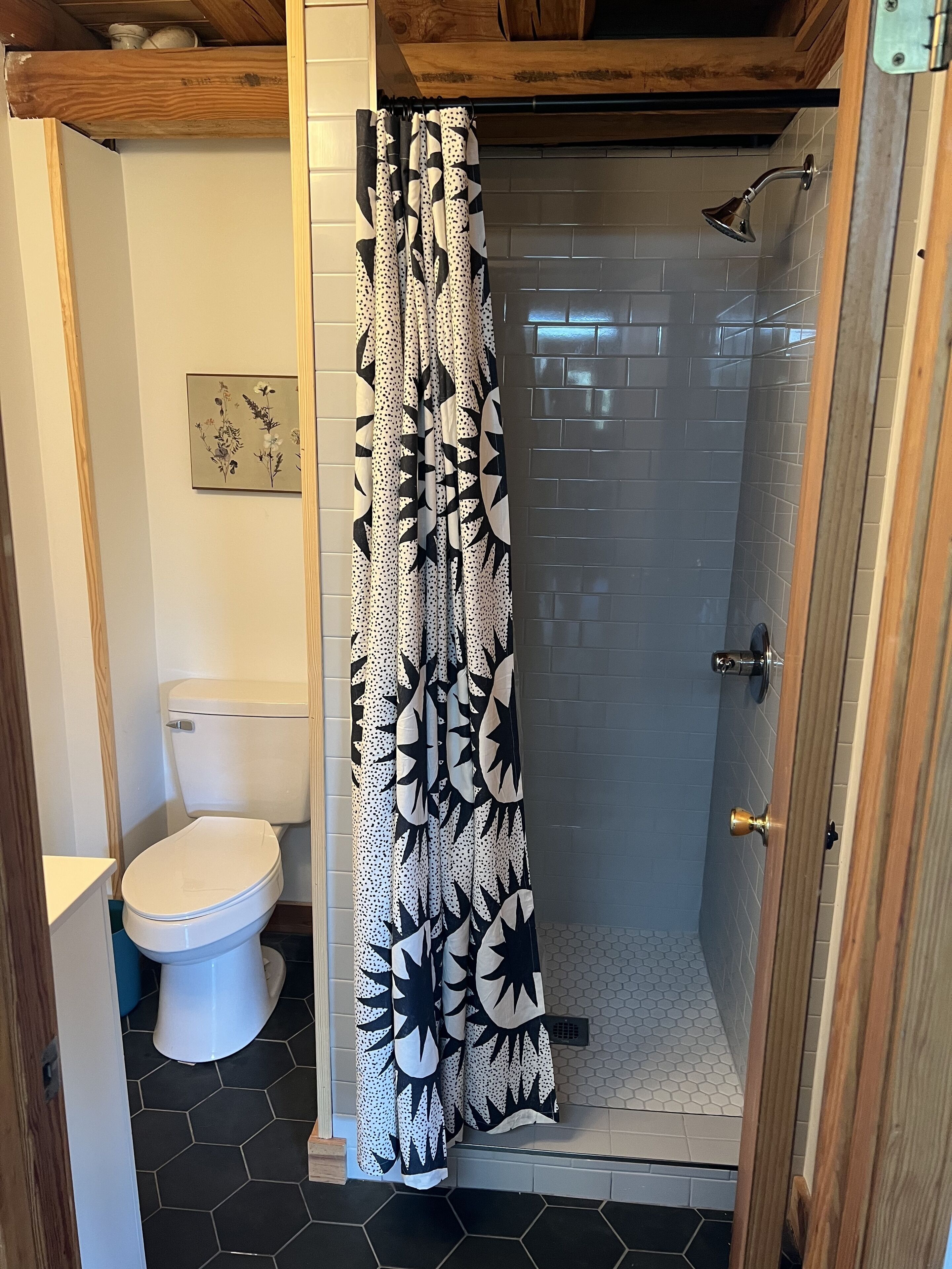 A bathroom with a shower, toilet, and a patterned shower curtain.
