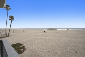 A beach with a small building, palm trees, and a clear sky. - Luxury 6 bedroom Oceanfront Hollywood Beach Mansion (Oxnard)