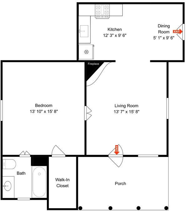 Plano de planta que muestra una cocina, comedor, dormitorio, sala de estar, baño, vestidor y porche.