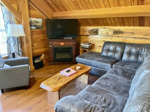 Smart TV, fireplace, DVD player, books